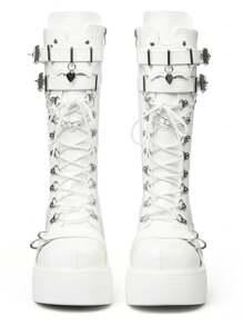 Goth Platform Boots For Women Back To School Punk Motorcycle Boots Mid Calf Round Toe Boots Back Zip Wedges Fall Boots - White - View 6