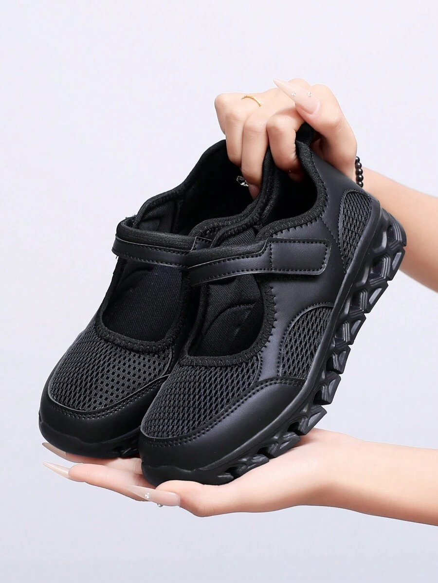 女士低帮平底鞋，2025新款透气网面皮革拼接休闲鞋，魔术贴轻便舞蹈鞋，护士鞋，妈妈鞋，软底防滑厚底运动鞋，春夏秋季 - 黑色 - 查看 1