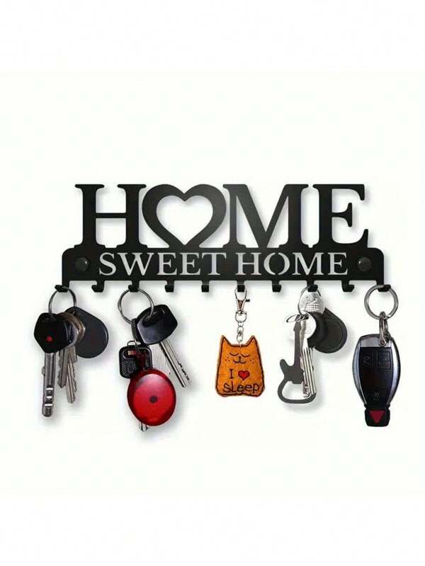 1pc Fashionable Black Metal Key Holder - Wall Mounted Storage Rack With Decorative Hooks For Coats, Hats, Etc. - Rust-Proof For Entryway, Hallway, Garden, Kitchen, Shop, Vintage Decor