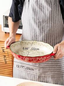 Assadeira oval de cerâmica com alça, design floral vintage vermelho, para cozinha, salada, grelhados, assados, sobremesas, pizza - pode ir ao forno e micro-ondas