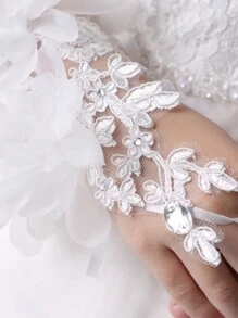 1對夢幻花朵公主白色蕾絲手套，女款花童表演派對半指蕾絲手套，新娘配件，鉤編蕾絲手套 - 1Pair - 查看 4