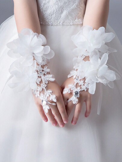 1 Pair Of Fantasy Flower Princess White Lace Gloves, Female Flower Girl, Show, Party, Half Finger Lace Gloves