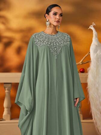 AmazingHoney Elegante kaftan de gasa azul con adornos plateados y mangas largas, vestido abaya, abaya de fiesta, vestido formal (talla grande: consulta la tabla de tallas), modesto