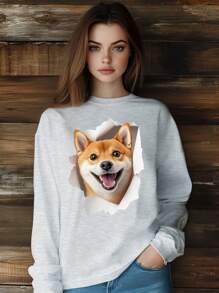 Women Cute Style Dog Shiba Lnu Paper Holes T-Shirt Fashion Print Long Sleeve Round-Neck Loose Fit Tops Streetwear - 灰色 - 查看 1