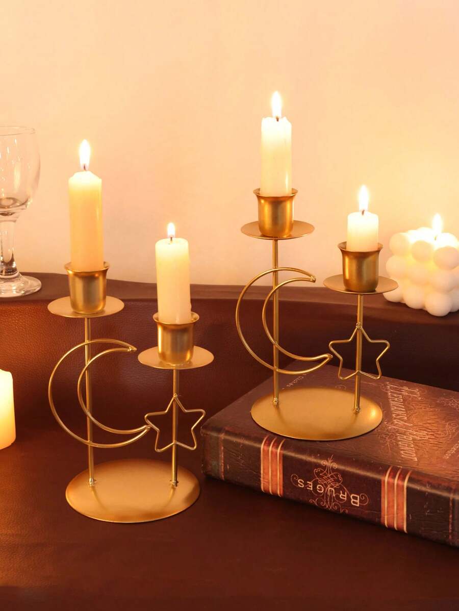 1 Pc Rama Iron Candlestick , Metal Decoration, Luxury Candle Holders, Home Decor, Room Decor, Party And Holiday Decor Ornament,Living Room Accessories,Star,Moon,Lantern Rama E-I-D - Multicolor - View 1