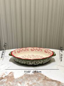 Vintage Handpainted Ceramic Bakeware Pan With Handle, Kitchen Cookware, For Oven & Microwave, Suitable For Salad, Grilling, Baking, Dessert & Pizza Making - Olive Green - View 8