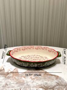 Vintage Handpainted Ceramic Bakeware Pan With Handle, Kitchen Cookware, For Oven & Microwave, Suitable For Salad, Grilling, Baking, Dessert & Pizza Making - Olive Green - View 9