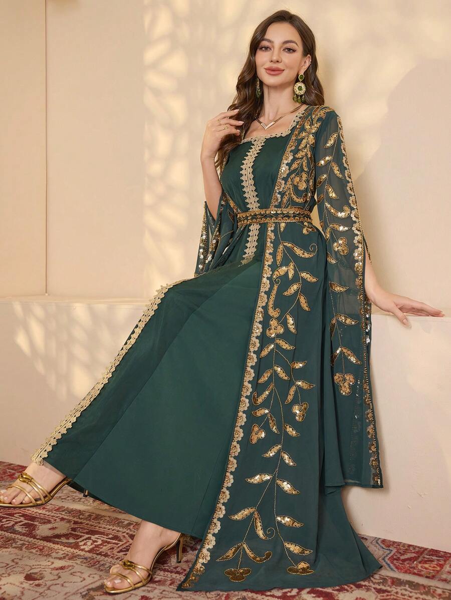 meilun Women's Elegant Sequin 2 In 1 Long Sleeve Dress Spring - Green - View 1