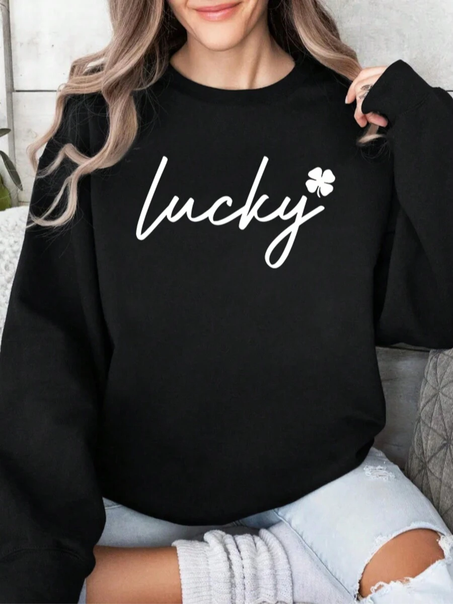 St. Patrick's Day Women's Lucky Clover Print Crew Neck Long Sleeve Casual Sweatshirt, Autumn/Winter - Black - View 1