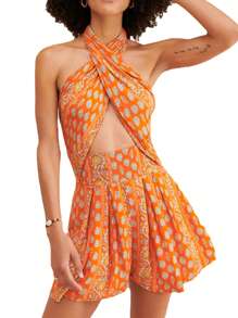 Women Boho Halterneck Playsuit Summer Wrap Front Floral Cutout Backless Jumpsuits Shorts Clubwear