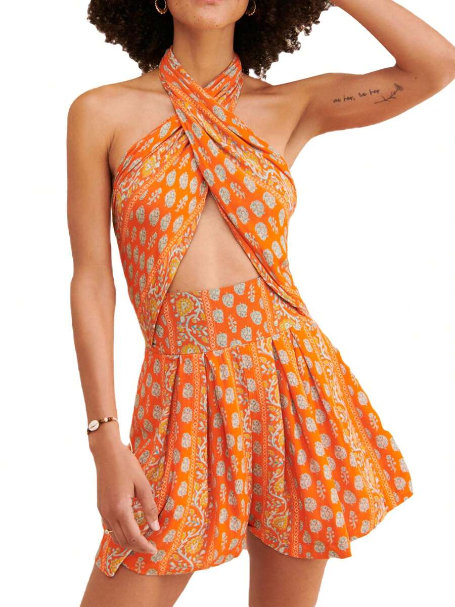 Women Boho Halterneck Playsuit Summer Wrap Front Floral Cutout Backless Jumpsuits Shorts Clubwear