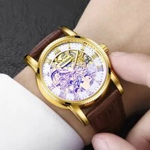 FORSINING Automatic Watches For Men Retro Mechanical Watch Skeleton Self-Windind Hollowed Carved Wristwatch PU Leather Strap Vintage Style Luminous Waterproof Men Watches - Gold - View 2