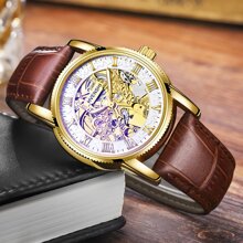 FORSINING Automatic Watches For Men Retro Mechanical Watch Skeleton Self-Windind Hollowed Carved Wristwatch PU Leather Strap Vintage Style Luminous Waterproof Men Watches - Gold - View 3