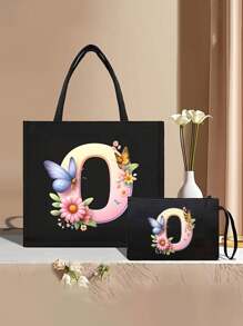 Color Gradient Butterfly Flower Letter A-Z Pattern Tote And Cosmetic Bag Set, Casual Style, Fabric Structure - Black - View 49