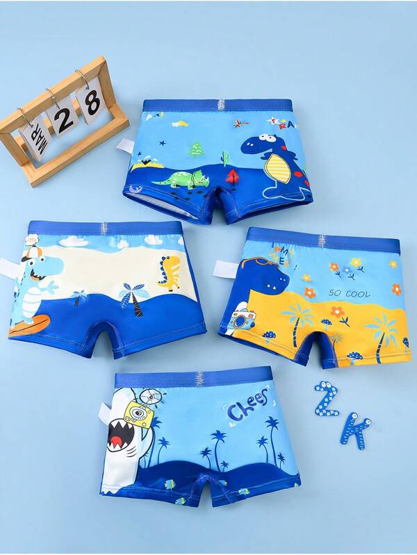 4 Stücke Jungen bequeme atmungsaktive Boxershorts mit Cartoon Dinosaurier Muster, süße Kinder Unterhosen