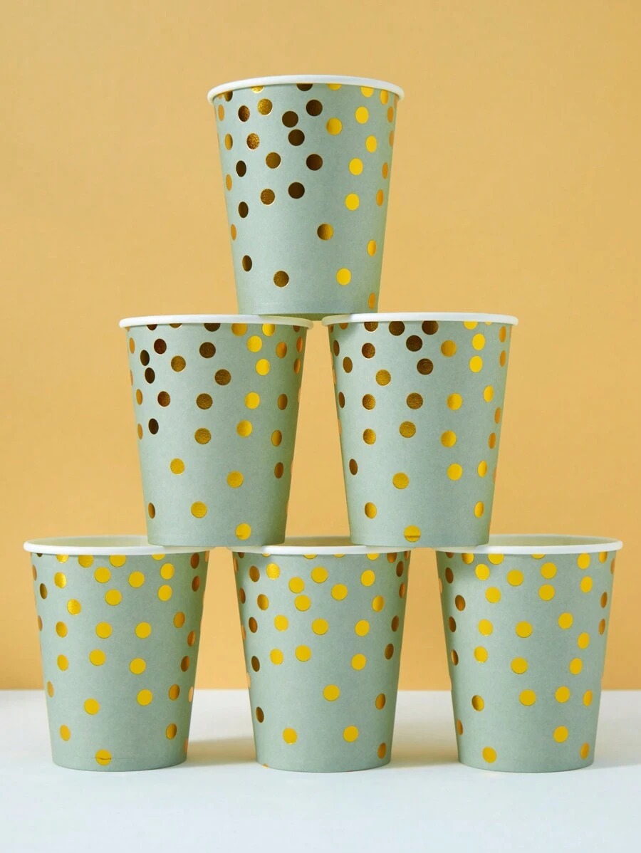 10 Pcs/25 Pcs Disposable Paper Cups, Sage Green & Gold Polka Dot Design, Suitable For Birthday, Family Gathering, Picnic, Party Decoration - Multicolor - View 1