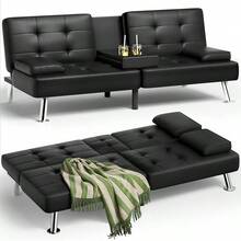 Futon Sofa Bed, Leather Futon Couch With Removable Armrests, Adjustable Recliner Sleeper Sofa Bed With Dual Cup Holders For Living Room, Apartment, Office (Black) - màu đen - Xem 2
