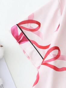 2 件夏季女士睡衣套装，带蝴蝶结印花 V 领纽扣上衣和裤子，舒适家居休闲睡衣套装，两件套 - 粉色 - 查看 4