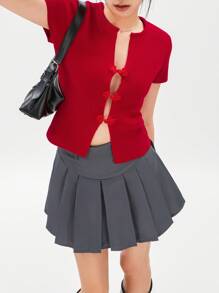 Women Short Sleeve Knit Tops Solid Color Plunging V-Neck Open Front Buckles Casual T-Shirts Summer Slim Fit Shirts Streetwear - Red - View 7