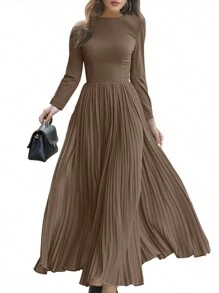 ZANZEA Fashion Women Round Neck High Waist Pleated Loose Swing Holiday Party Maxi Long Dress - Màu Khaki - Xem 2