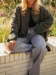 Quilted Jackets For Women Lightweight Button Down Long Sleeve Winter Padded Coat Puffer Jacket - màu xanh lá - Xem 6