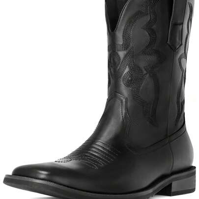 Size 13 Men's Cowboy Boots In A Rich Brown Color, These Western-Style Pull-On Boots Come With A Square Toe And Are Adorned With Traditional Old West E