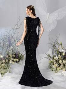Faeriesty Dressalisa Maternity Sweetheart Neck Fringed Sequin Mermaid Prom Party Dress - Black - View 3