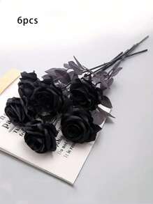 6 件装长茎人造黑玫瑰花，适合居家、婚礼、派对、万圣节、哥特式户外装饰 - 彩色 - 查看 14