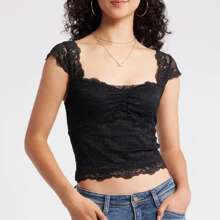 Women Summer Lace Tops Cap Sleeve Square Neck Slim Fit Crop Top T-Shirt - màu đen - Xem 1