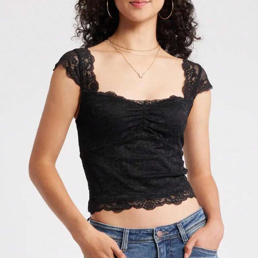Women Summer Lace Tops Cap Sleeve Square Neck Slim Fit Crop Top T-Shirt - màu đen - Xem 1