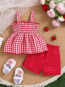 Conjunto de 2 piezas para niña bebé que incluye blusa con bordado de fresa y moño, y pantalones cortos con lunares rojos