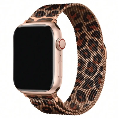 Correa de reloj de acero inoxidable marrón con estampado de leopardo, compatible con 38mm, 40mm, 41mm, 42mm, 44mm, 45mm, 46mm, 49mm, con cierre magnético, compatible con Apple Watch Series Ultra SE 10 9 8 7 6 5 4 3 2 1, correa de reloj unisex
