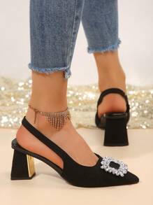 女士尖头高跟鞋，带闪亮水钻扣装饰，镂空粗跟，黑色时尚派对高跟鞋，优雅韩式风格