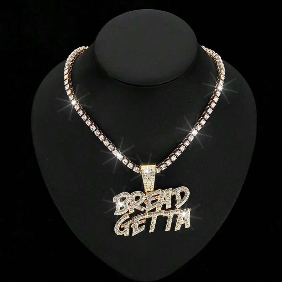 Unique Hip-Hop Fully Iced Out Double Line Rhinestone Letter "BREADGETTA" Pendant Niche Design Tennis Necklace Jewelry - Multicolor - View 1