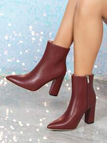 Women's Fashion New Short Boots, Classic Boots, Solid Color High-Quality Leather, Minimalist & Versatile For Commuting, Office, Outing, Party, Side Zipper, Super High Heel, Chunky Heel, Pointed Toe Short Boots, Motorcycle Boots - Burgundy - View 3