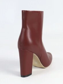 Women's Fashion New Short Boots, Classic Boots, Solid Color High-Quality Leather, Minimalist & Versatile For Commuting, Office, Outing, Party, Side Zipper, Super High Heel, Chunky Heel, Pointed Toe Short Boots, Motorcycle Boots - Burgundy - View 9
