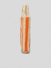 Spring And Summer Striped Handmade Straw Bag Women Embroidery Letter Beach Holiday Shoulder Bag Clashing Colours Paper Woven Small Handbag (Pendant Not Included)