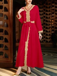 Vestido largo de mujer con cuello en V, de unicolor con parches de encaje árabe - Rojo - Ver 5