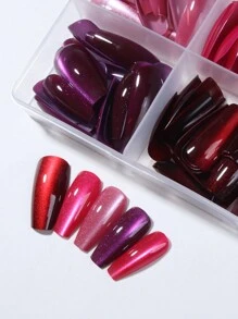 96片/盒（4盒混装）Y2K长棺材形亮面美学血红色水晶猫眼法式美甲贴纸，长指甲设计，完美贴合亚克力假指甲套装，包含：1瓶果冻胶和1个指甲锉，红色猫眼美甲，适合女性和女孩日常佩戴，也可用于锐舞派对和其他美甲场合。美甲用品 - 彩色 - 查看 3