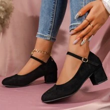 女士纯色优雅鞋，踝带扣低帮鞋，圆头连衣裙粗跟鞋 - 黑色 - 查看 7