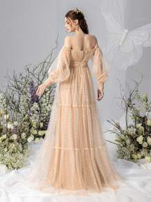 Faeriesty Dressalisa Schwangerschafts Kleid mit Puffärmeln, Off-Shoulder Ausschnitt, Pailletten und Tüll für Partys und Fotoshootings