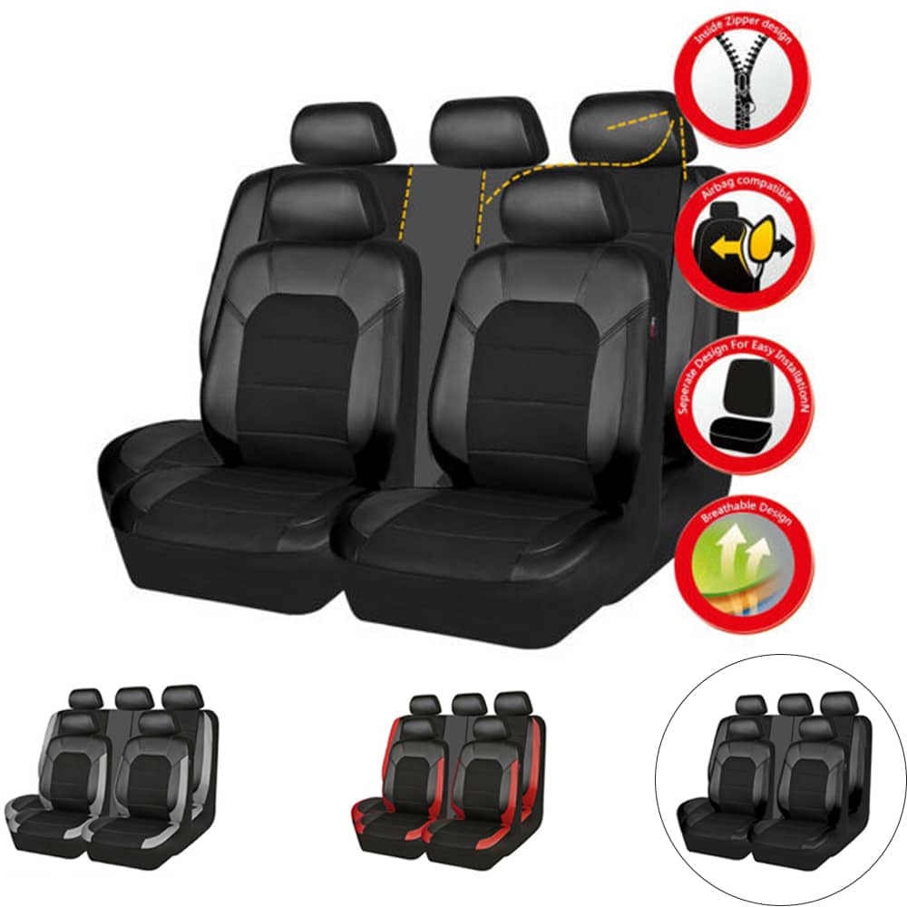 Funda Asiento Coche para la mayoría de los modelos, 9 Piezas Delanteros y Traseros Juegos de Cubreasientos Interior Accesorios - Negro - Ver 1
