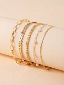 5pcs Simple Style Stackable Thin Chain Anklet Copper Ankle Bracelet Set For Women Girls Daily Wear - Yellow Gold - View 3