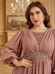 SUPGIR 大码圆领灯笼袖连衣裙，正面褶裥亮片装饰，时尚连衣裙，派对礼服，婚礼宾客礼服，正式晚礼服，春季优雅粉色长裙 - 粉色 - 查看 5