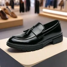 Men's Leather Shoes Tassel Loafers, Thick Sole Elevator Shoes, Slip-OnSlip-On Formal Dress Shoes Suitable For Saturday Parties, Weddings, Groom Wedding Shoes - Black - View 7