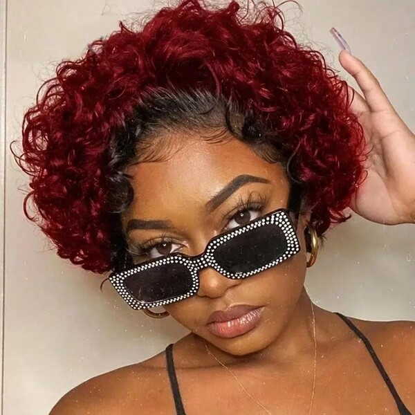 Parrucca pixie cut sfumata 1B / 99J colore borgogna, parrucca corta riccioluta a 13x1 con capelli ondulati e bagnati, parrucca riccioluta a merletto frontale ad alta densità al 150%, parrucca economica