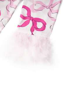 Conjunto de verano para mujer, con mangas 3/4, solapa, botones, camisa con estampado de lazo/corazón, pantalones cortos, ropa de dormir - Rosa - Ver 7
