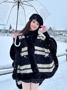 Abrigo de chaqueta con cuello de chal grueso, talla grande, con bloques de color y rayas, nuevo para 2024