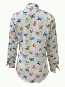Butterfly Print Button Front Shirt, Spring And Autumn Casual Long Sleeve Shirt, Women's Comfortable Cotton And Linen Shirt - trắng - Xem 3