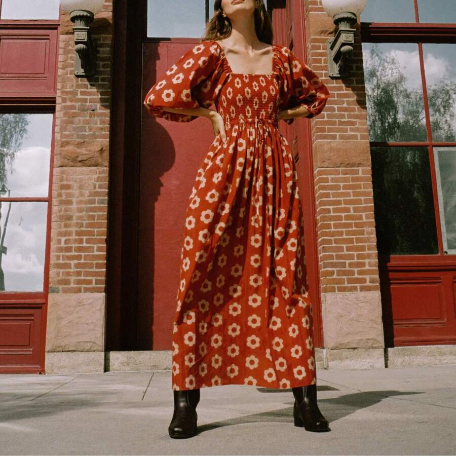 Women Puffed Sleeve Dress Casual Summer Plaid/Floral Print Square Neck Party A-Line Dress For Beach Cocktail Streetwear - Đỏ - Xem 1